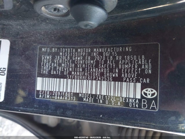 Aukcja sprzedaży 2015 Toyota Corolla Le, vin: 5YFBURHE6FP342536, numer aukcji: 45255740