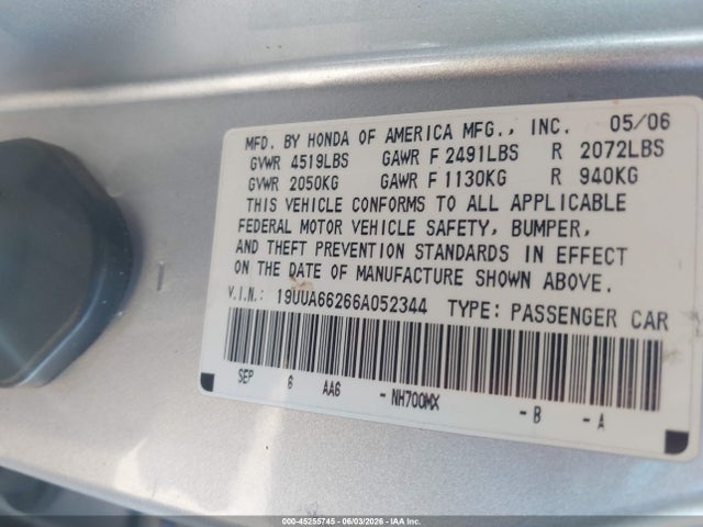 2006 Acura Tl მანქანა იყიდება აუქციონზე, vin: 19UUA66266A052344, აუქციონის ნომერი: 45255745