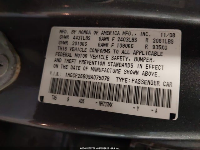 45255776 :رقم المزاد ، 1HGCP26809A075078 vin ، 2009 Honda Accord 2.4 Ex-l مزاد بيع