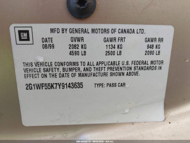 Aukcja sprzedaży 2000 Chevrolet Impala, vin: 2G1WF55K7Y9143635, numer aukcji: 45255779
