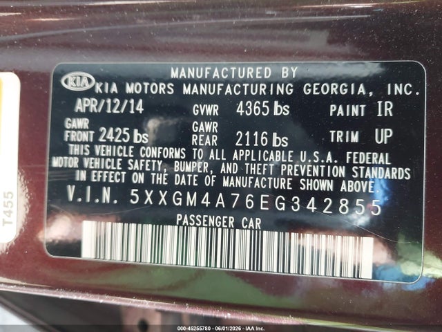 45255780 :رقم المزاد ، 5XXGM4A76EG342855 vin ، 2014 Kia Optima Lx مزاد بيع