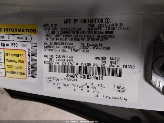 Ford FUSION SE 2015 3FA6P0H78FR304618 Image 9