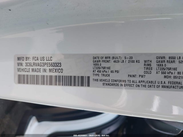 Продажа на аукционе авто 2023 Ram Promaster 1500 Low Roof 136 Wb, vin: 3C6LRVAG3PE563323, номер лота: 45255801