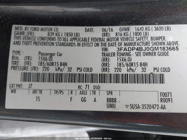 45255802 :رقم المزاد ، 3FADP4BJ0GM183665 vin ، 2016 Ford Fiesta Se مزاد بيع