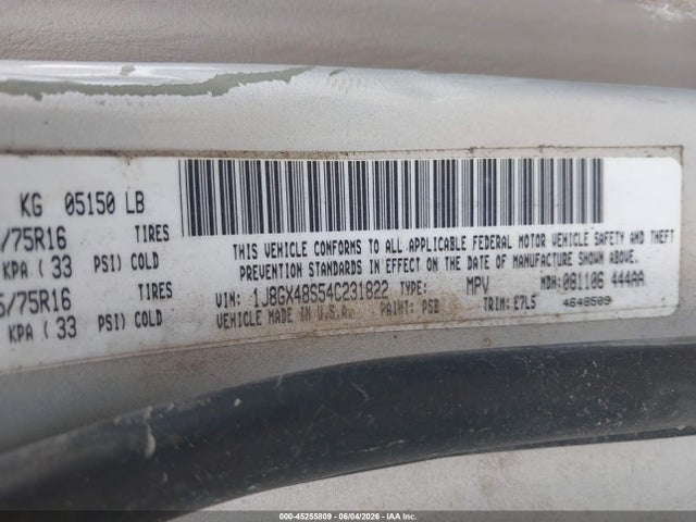 45255809 :رقم المزاد ، 1J8GX48S54C231822 vin ، 2004 Jeep Grand Cherokee Laredo مزاد بيع