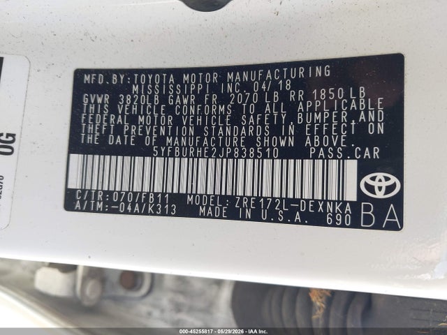 5YFBURHE2JP838510 Toyota COROLLA LE