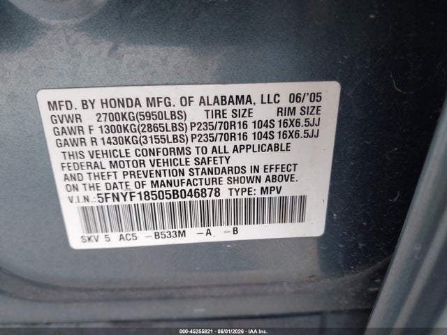 Продажа на аукционе авто 2005 Honda Pilot Ex-l, vin: 5FNYF18505B046878, номер лота: 45255821