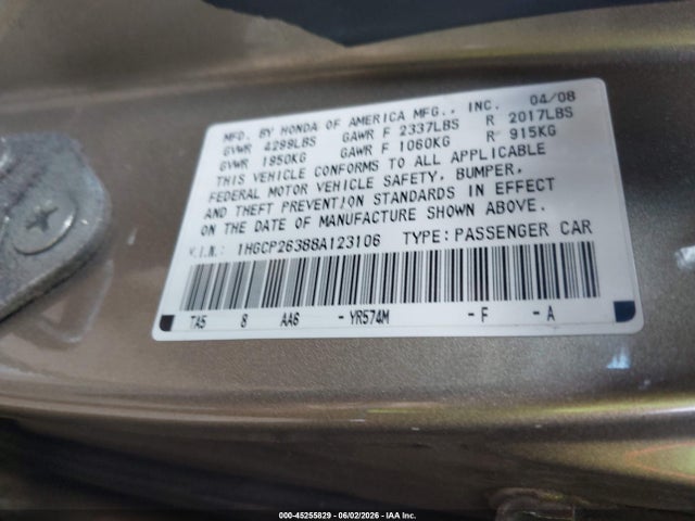 Aukcja sprzedaży 2008 Honda Accord 2.4 Lx, vin: 1HGCP26388A123106, numer aukcji: 45255829