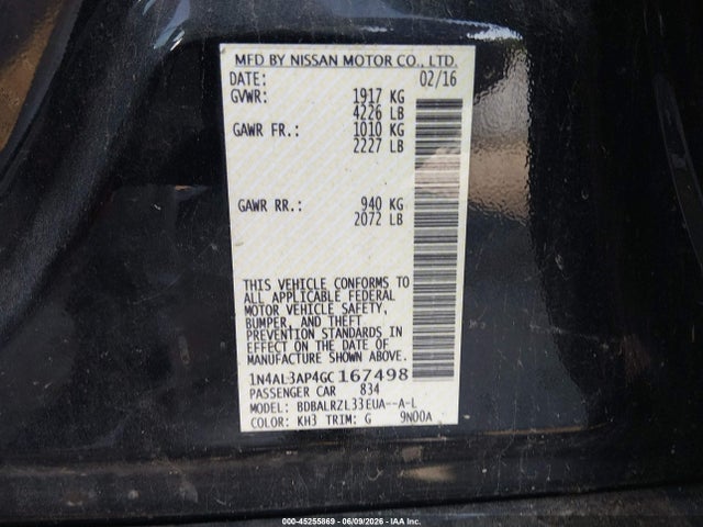 2016 Nissan Altima 2.5 Sl მანქანა იყიდება აუქციონზე, vin: 1N4AL3AP4GC167498, აუქციონის ნომერი: 45255869