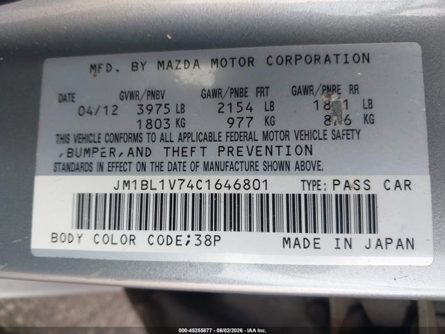 Aukcja sprzedaży 2012 Mazda Mazda3 I Touring, vin: JM1BL1V74C1646801, numer aukcji: 45255877