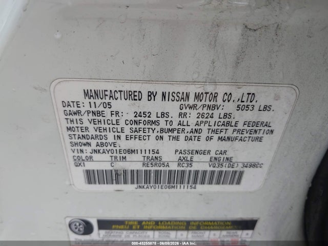 Aukcja sprzedaży 2006 Infiniti M35, vin: JNKAY01E06M111154, numer aukcji: 45255878
