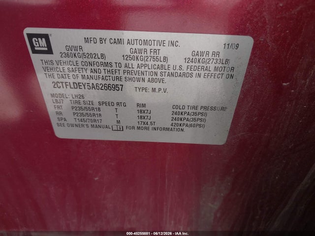 Aukcja sprzedaży 2010 Gmc Terrain Sle-2, vin: 2CTFLDEY5A6266957, numer aukcji: 45255881