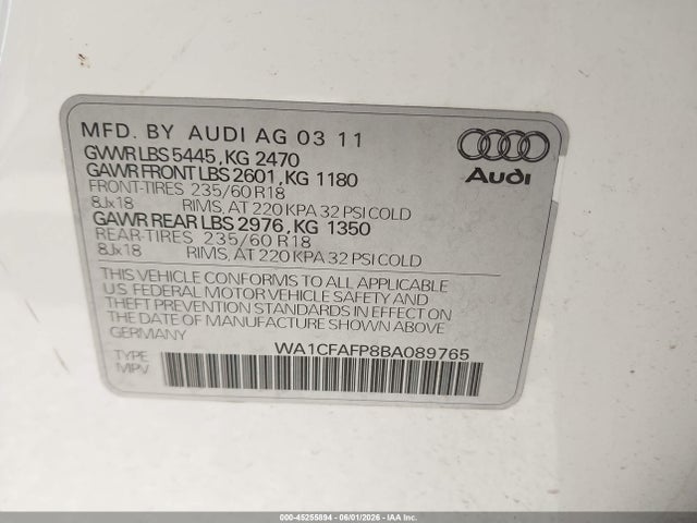 2011 Audi Q5 2.0t Premium მანქანა იყიდება აუქციონზე, vin: WA1CFAFP8BA089765, აუქციონის ნომერი: 45255894