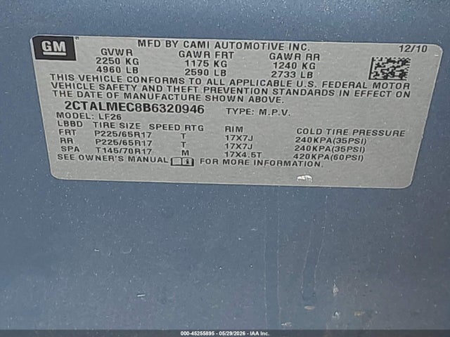 Aukcja sprzedaży 2011 Gmc Terrain Sle-1, vin: 2CTALMEC8B6320946, numer aukcji: 45255895