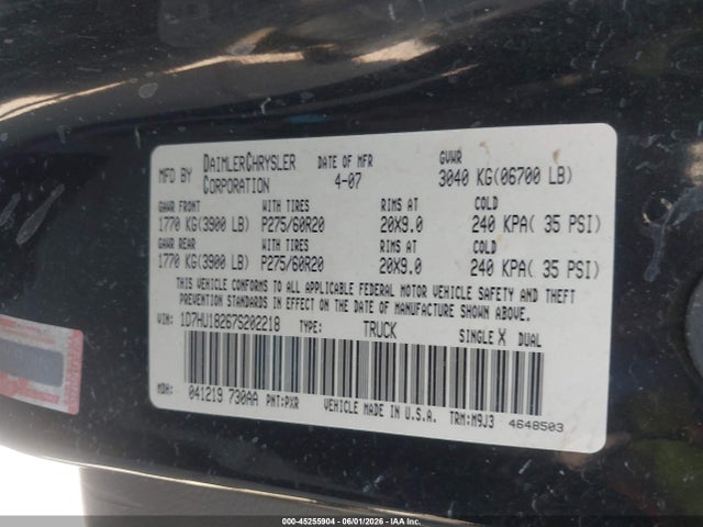 Aukcja sprzedaży 2007 Dodge Ram 1500 Slt/trx4 Off Road/sport, vin: 1D7HU18267S202218, numer aukcji: 45255904