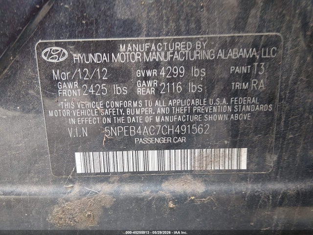 Aukcja sprzedaży 2012 Hyundai Sonata Gls, vin: 5NPEB4AC7CH491562, numer aukcji: 45255913