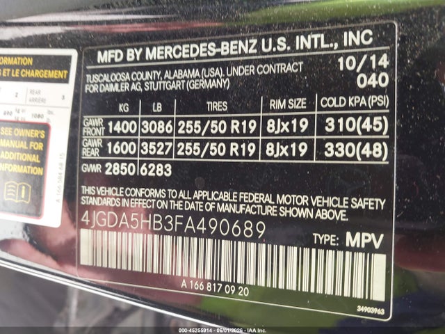 Mercedes-Benz Ml 350 4matic 2015 4JGDA5HB3FA490689 Image 9