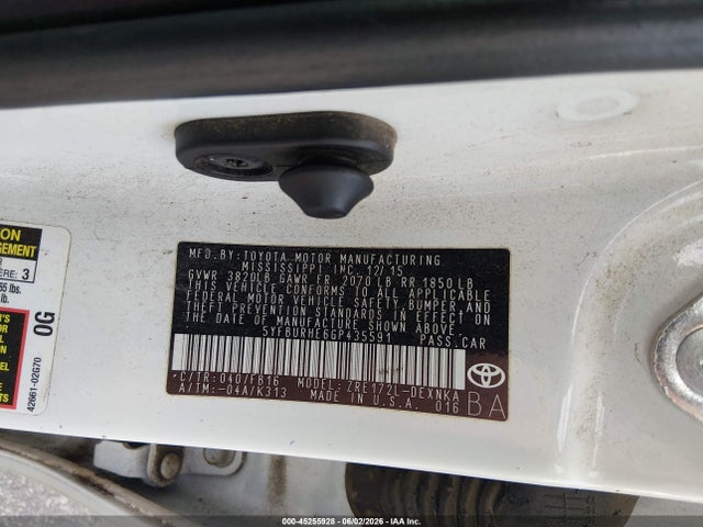 Aukcja sprzedaży 2016 Toyota Corolla Le, vin: 5YFBURHE6GP435591, numer aukcji: 45255928