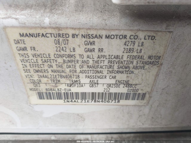 Aukcja sprzedaży 2008 Nissan Altima 2.5 S, vin: 1N4AL21E78N406718, numer aukcji: 45255933