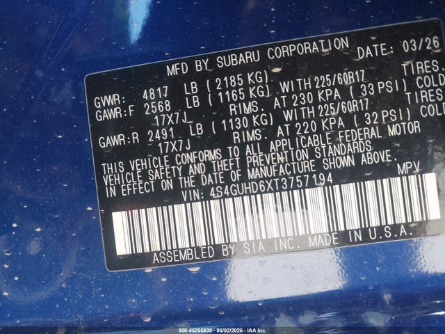 45255938 :رقم المزاد ، 4S4GUHD6XT3757194 vin ، 2026 Subaru Crosstrek Premium مزاد بيع