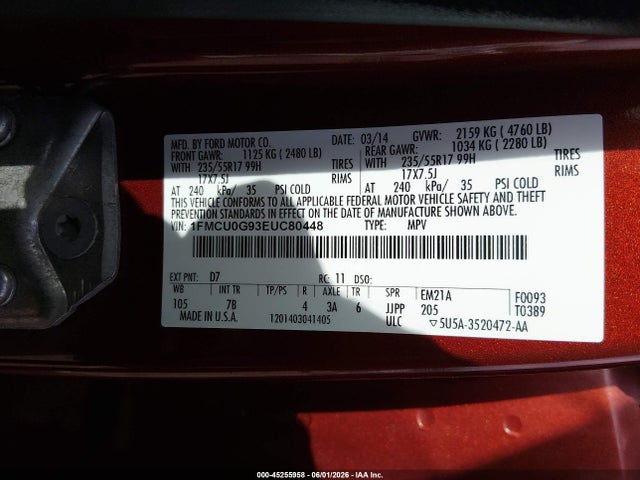 45255958 :رقم المزاد ، 1FMCU0G93EUC80448 vin ، 2014 Ford Escape Se مزاد بيع