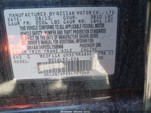45255966 :رقم المزاد ، 3N1AB7AP2DL759568 vin ، 2013 Nissan Sentra Sr مزاد بيع
