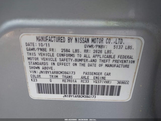 Aukcja sprzedaży 2012 Infiniti M37x, vin: JN1BY1AR8CM394173, numer aukcji: 45255980