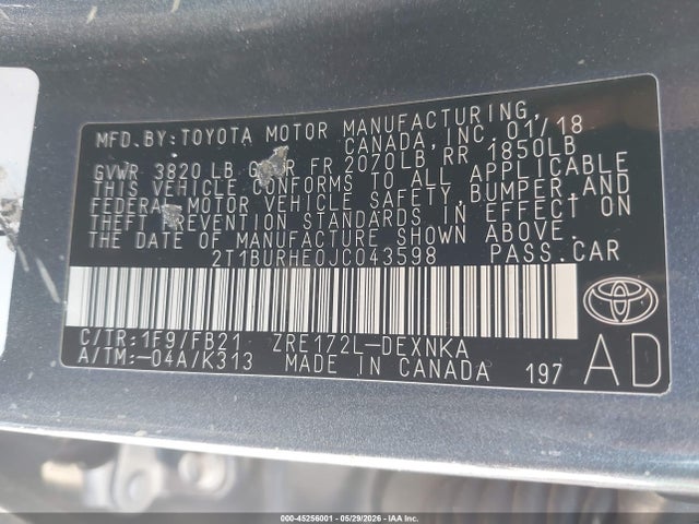 Продаж на аукціоні авто 2018 Toyota Corolla Le, vin: 2T1BURHE0JC043598, номер лоту: 45256001