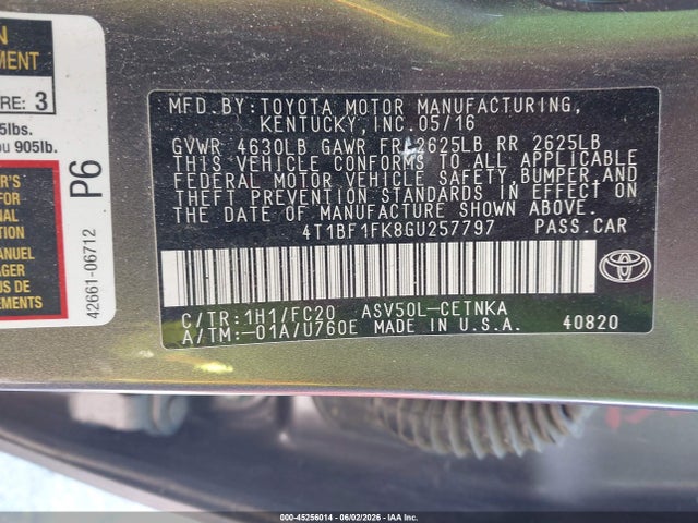 Aukcja sprzedaży 2016 Toyota Camry Le, vin: 4T1BF1FK8GU257797, numer aukcji: 45256014