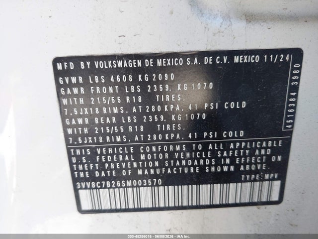 Продаж на аукціоні авто 2025 Volkswagen Taos 1.5t S, vin: 3VV8C7B26SM003570, номер лоту: 45256016