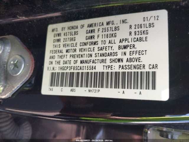 45256021 :رقم المزاد ، 1HGCP3F85CA015584 vin ، 2012 Honda Accord 3.5 Ex-l مزاد بيع