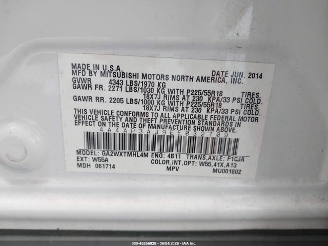 45256028 :رقم المزاد ، 4A4AP3AU9EE032709 vin ، 2014 Mitsubishi Outlander Sport Es مزاد بيع