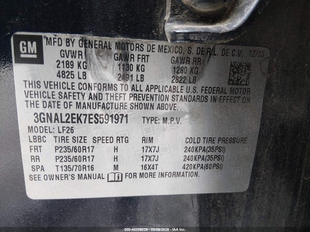 45256029 :رقم المزاد ، 3GNAL2EK7ES591971 vin ، 2014 Chevrolet Captiva Sport 2ls مزاد بيع