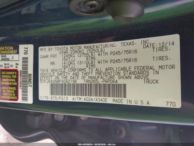 Aukcja sprzedaży 2015 Toyota Tacoma Prerunner, vin: 5TFJX4GN8FX042196, numer aukcji: 45256034
