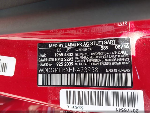 Aukcja sprzedaży 2017 Mercedes-benz Cla 250, vin: WDDSJ4EBXHN423938, numer aukcji: 45256138