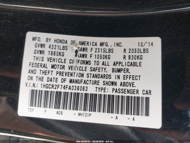 Продажа на аукционе авто 2015 Honda Accord Ex, vin: 1HGCR2F74FA038063, номер лота: 45256151