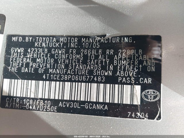 45256165 :رقم المزاد ، 4T1CE38P06U677483 vin ، 2006 Toyota Camry Solara Se مزاد بيع