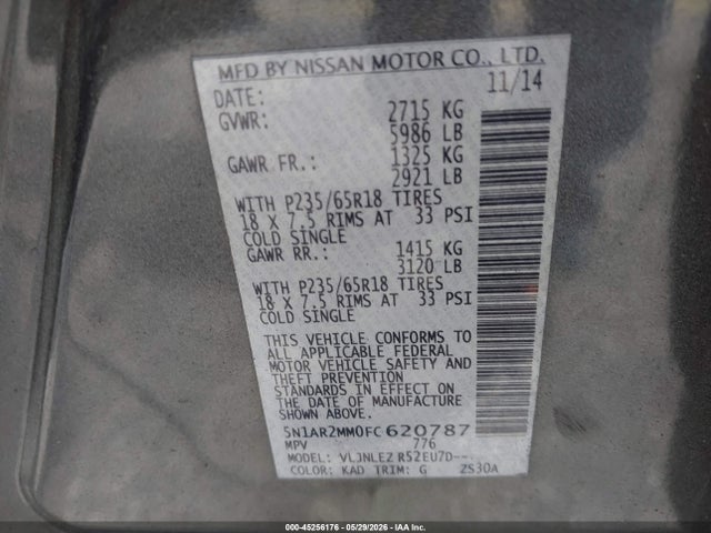 Aukcja sprzedaży 2015 Nissan Pathfinder Sv, vin: 5N1AR2MM0FC620787, numer aukcji: 45256176