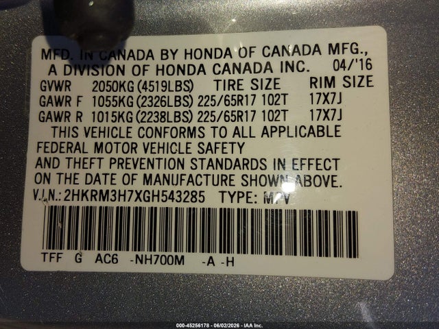2016 Honda Cr-v Ex-l მანქანა იყიდება აუქციონზე, vin: 2HKRM3H7XGH543285, აუქციონის ნომერი: 45256178