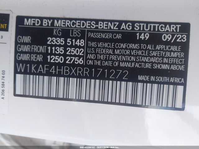 45256182 :رقم المزاد ، W1KAF4HBXRR171272 vin ، 2024 Mercedes-benz C 300 مزاد بيع