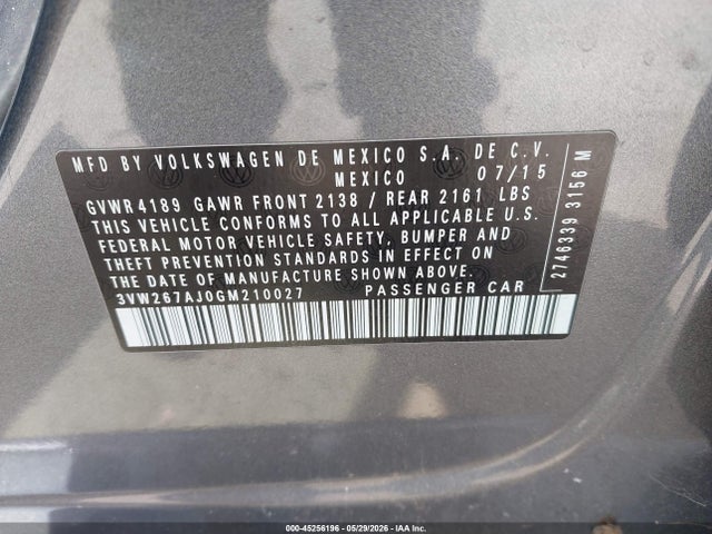 Aukcja sprzedaży 2016 Volkswagen Jetta 1.4t S, vin: 3VW267AJ0GM210027, numer aukcji: 45256196