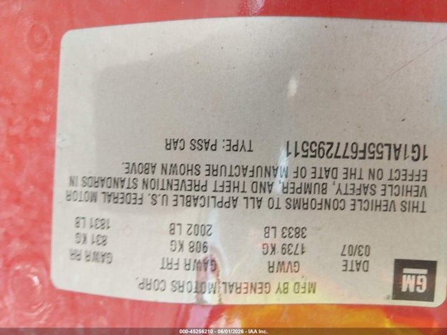 Aukcja sprzedaży 2007 Chevrolet Cobalt Lt, vin: 1G1AL55F677295511, numer aukcji: 45256210