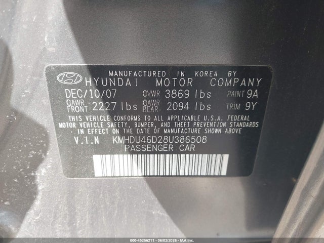 Aukcja sprzedaży 2008 Hyundai Elantra Gls/se, vin: KMHDU46D28U386508, numer aukcji: 45256211