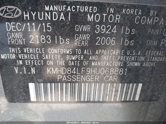 Auction sale of the 2017 Hyundai Elantra Se, vin: KMHD84LF9HU068881, lot number: 45256212