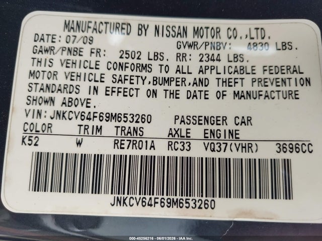 2009 Infiniti G37x მანქანა იყიდება აუქციონზე, vin: JNKCV64F69M653260, აუქციონის ნომერი: 45256216