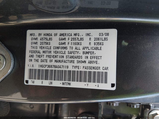 45256238 :رقم المزاد ، 1HGCP36878A047119 vin ، 2008 Honda Accord 3.5 Ex-l مزاد بيع