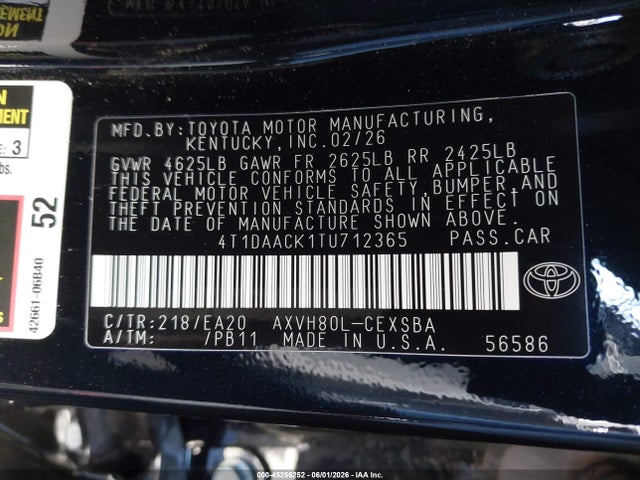 2026 Toyota Camry Se მანქანა იყიდება აუქციონზე, vin: 4T1DAACK1TU712365, აუქციონის ნომერი: 45256252
