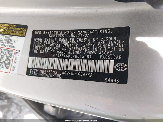 Aukcja sprzedaży 2007 Toyota Camry Le, vin: 4T1BE46K87U649084, numer aukcji: 45256265