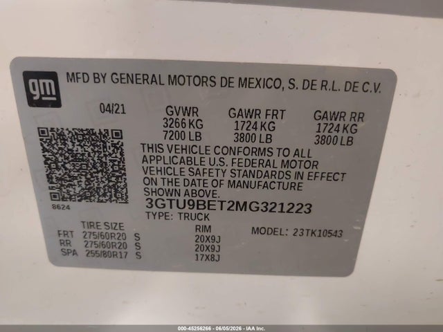 Aukcja sprzedaży 2021 Gmc Sierra 1500 4wd  Short Box Sle, vin: 3GTU9BET2MG321223, numer aukcji: 45256266