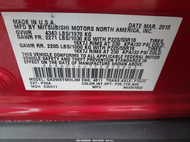 Продаж на аукціоні авто 2015 Mitsubishi Outlander Sport Es, vin: 4A4AP3AU7FE026893, номер лоту: 45256286